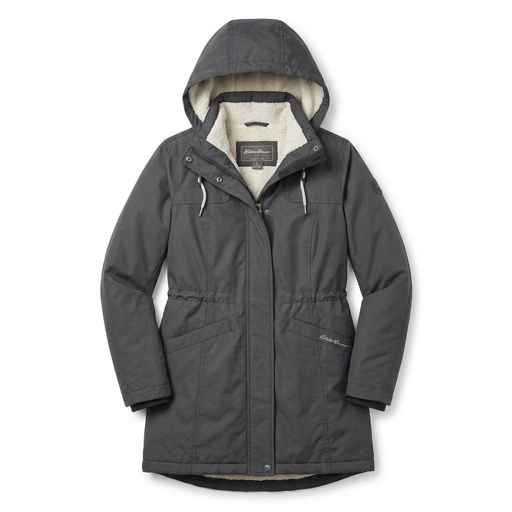 Eddie Bauer Women's Winter Parka Jacket XS Gray Sherpa Lined Hooded Zip Up
